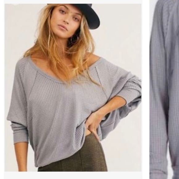 Free People Santa Clara Cropped Gray Thermal Top - Picture 1 of 3